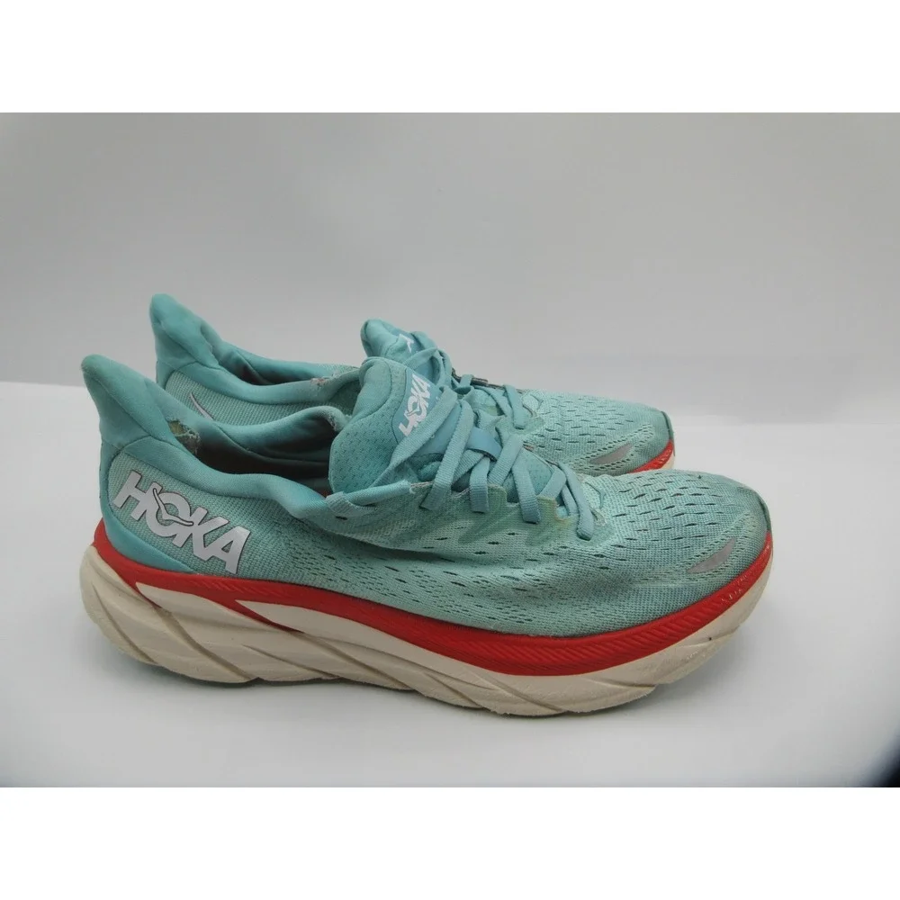 HOKA Clifton 8 Running Shoes Womens Size 10.5 Aqua Red Cushioned 1119394 AEBL‎